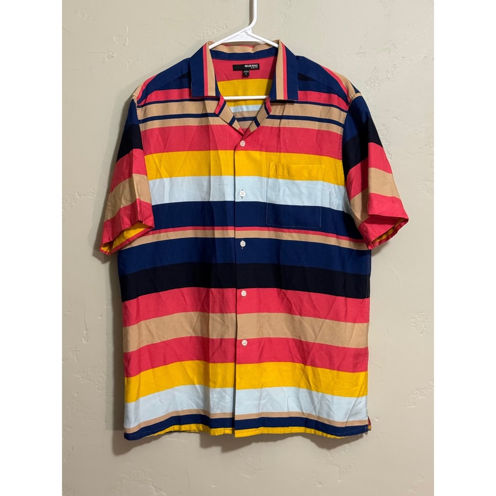 murano slim fit shirt L rainbow stripe pink yellow blue camp mens
